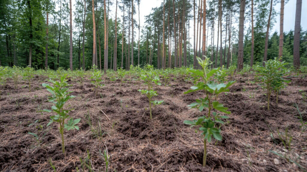 Fotografie von Setzlingen im Wald im Rahmen einer Waldumbaumaßnahme