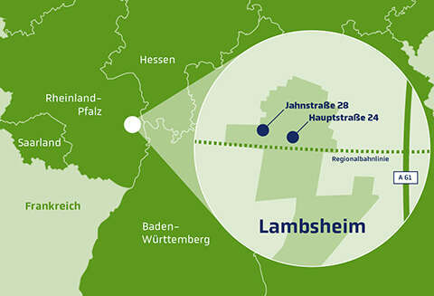 Infografik einer Deutschlandkarte, welche die Standorte von GAIA in Lambsheim illustriert