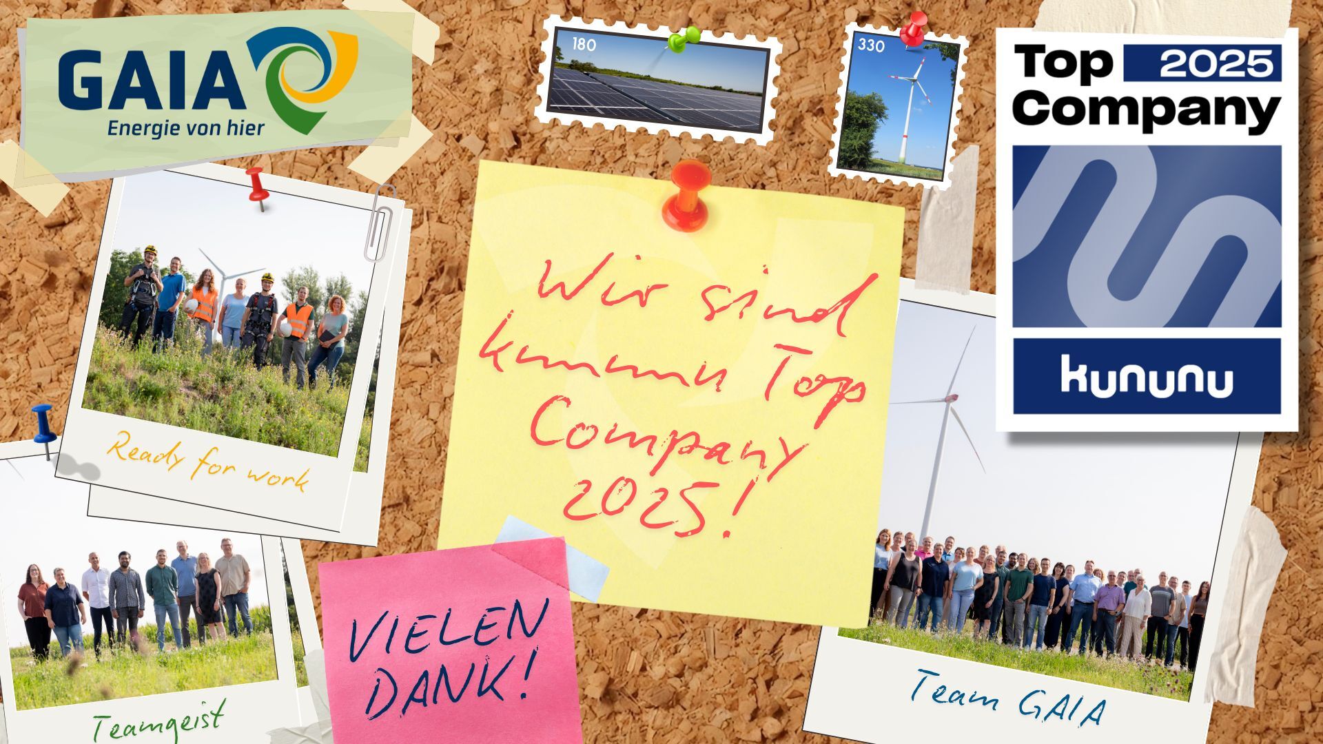 Pinnwand GAIA mit Top Company Siegel 2025 von kununu. Wir sagen Danke.