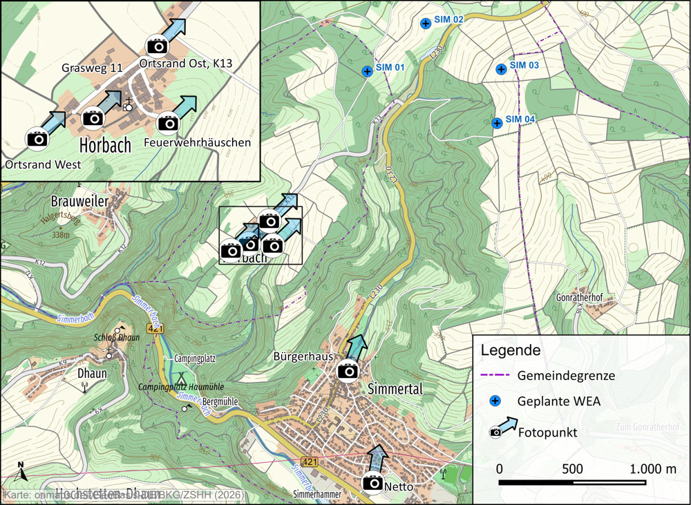 Um Ihnen einen Eindruck für das Landschaftsbild mit den geplanten Windenergieanlagen in Simmertal/Horbach zu vermitteln, haben wir von verschiedenen Standorten aus Fotovisualisierungen erstellt.
In der folgenden Grafik sind die Standorte und die Blickrichtung der einzelnen Fotopunkte dargestellt.