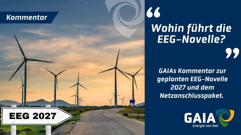 Grafik zum Thema EEG-Novelle 2027: Windkraftanlagen in einer Landschaft, daneben die Überschrift „Wohin führt die EEG-Novelle?“ sowie ein Hinweis auf GAIAs Kommentar zum Netzausbau und Netzanschlusspaket. Mehrere Windenergieanlagen stehen entlang einer Straße vor einer Abendhimmelkulisse. Ein Schild mit „EEG 2027“ symbolisiert die zukünftige Entwicklung der Energiewende und der gesetzlichen Rahmenbedingungen.