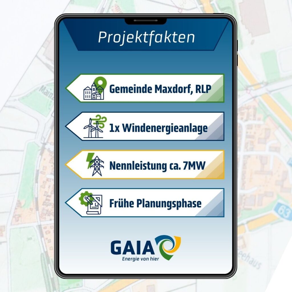Infografik mit den wichtigsten Daten zu einer geplanten Windenergieanlage in der Gemeinde Maxdorf in Rheinland-Pfalz. Genannt werden eine Windenergieanlage, eine Nennleistung von rund 7 Megawatt sowie eine frühe Planungsphase.