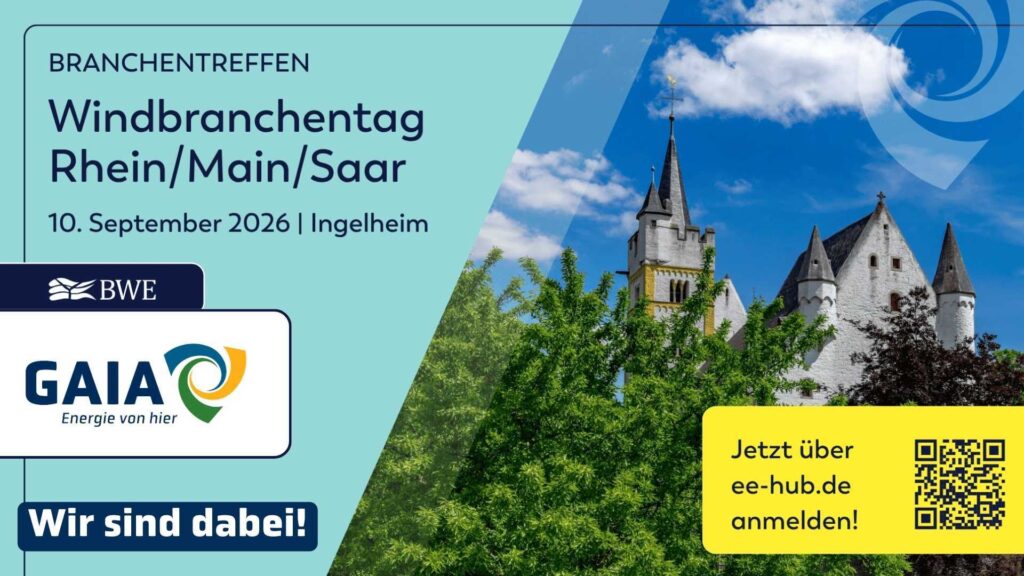 Titelbild für den Windbranchentag Rhein/Main/Saar 2026 mit GAIA-Logo, QR-Code zur Anmeldung und Ansicht eines historischen Gebäudes in Ingelheim.